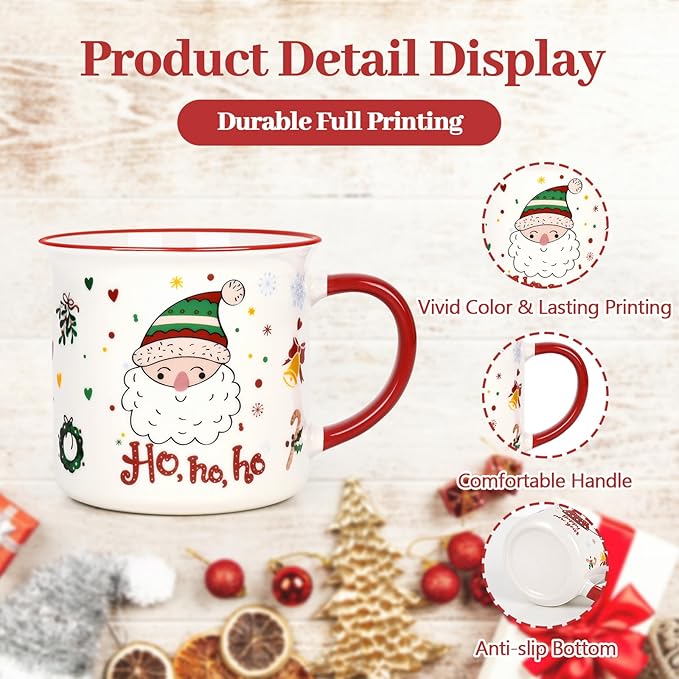 YHRJWN Christmas Mugs Set of 4, Festive Design Coffee Mugs with Santa Snowman Reindeer, Holiday Mugs for Hot Cocoa, Gifts for Family Friends, Holiday Decor, 13 Oz