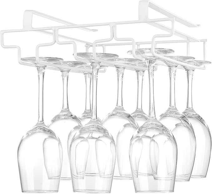 Wine Glass Rack Under Cabinet Drilling Free No Screw Steamware Holder Under Shelf Metal Wine Glasses Holders 304 Stainless Steel Hanger Storage Organizer Hanging Glass Fit for Bar Kitchen 3 Rows White