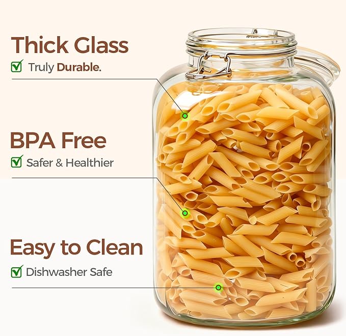 ComSaf 1.1 Gallon (4L) Square Glass Jars 2-Pack - Large Airtight Food Storage Canisters with Clamp Lids for Bulk Flour, Rice, Sugar, Coffee Beans, Fermentation, Pickling, Farmhouse Pantry Organization