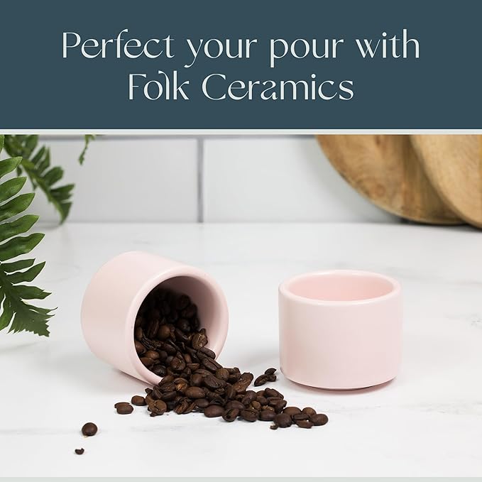 Folk Ceramics Leonard Ceramic Espresso Cups | Modern Stackable Demitasse Mugs for Espresso | Thick Walled, Handleless, Durable, Dishwasher & Microwave Safe | Set of 2, 3oz | Pale Pink