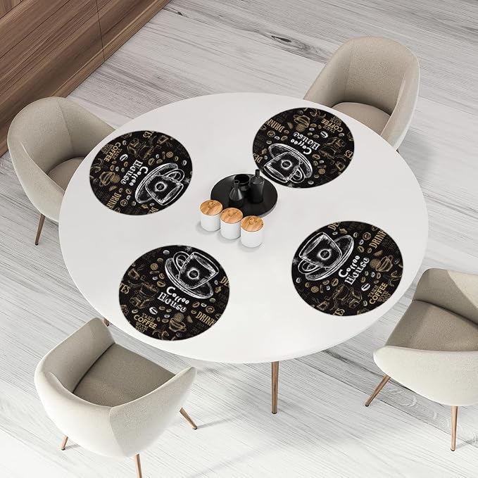 Round Placemats Set of 6, Black Coffee Pattern Woven Placemats Mats Non-Slip Heat Resistant Washable Table Mats Round Braided Place for Farmhouse Kitchen Dining Party Decor 15in