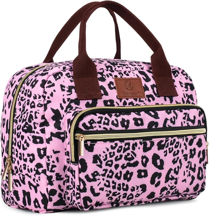 Insulated Lunch box for Women,Leakproof Quilted Thermal Lunch Bag, 14L Large Capacity Lunch Tote Bag Lightweight LunchBox Cooler for Work, School, Picnic or Travel with 2 Front Pocket-Leopard print