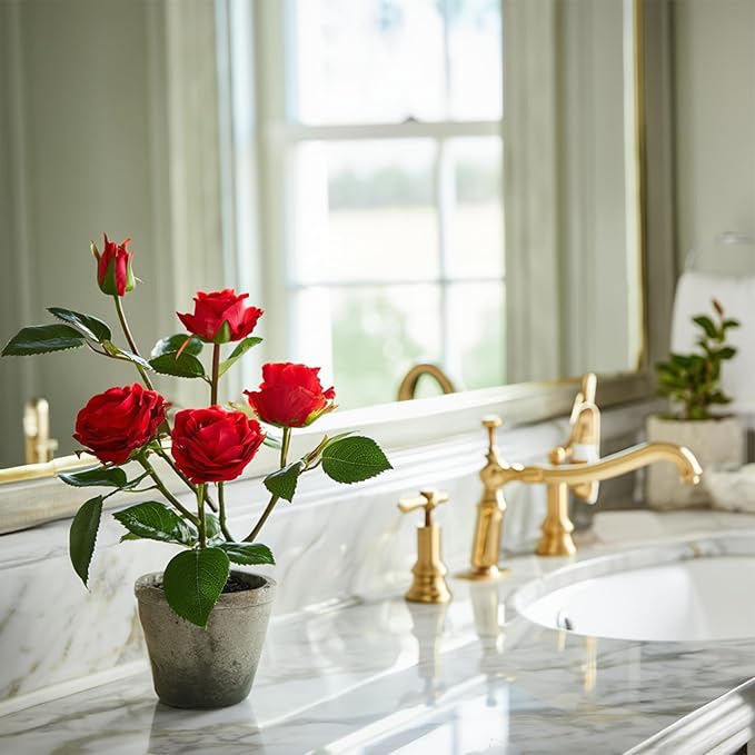 Rose in Pot Decor Potted Artificial Flowers Mini Plants Faux Flowers Indoor Small Decor Fake Roses for Home, Bathroom, Kitchen, Offices, Wedding Party Centerpieces (Rose Red)