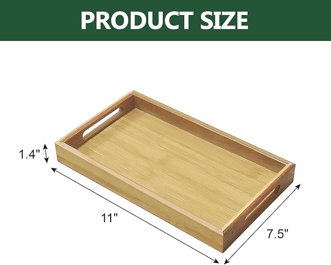 Bamboo Serving Tray with Handles, 11x7.5 Inch Rectangular Breakfast Tray for Eating on Couch or Bed, Modern Decorative Coffee Table Trays for Serving Food, Drink and Fruit