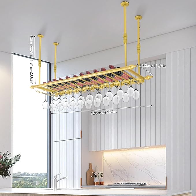 Hanging Wine Rack 47" Wall Mounted Wine Glass Rack Ceiling Adjustable Hanging Bar Glass Holder Shelves for Kitchen Bar Restaurants Industrial Iron Storage Shelf