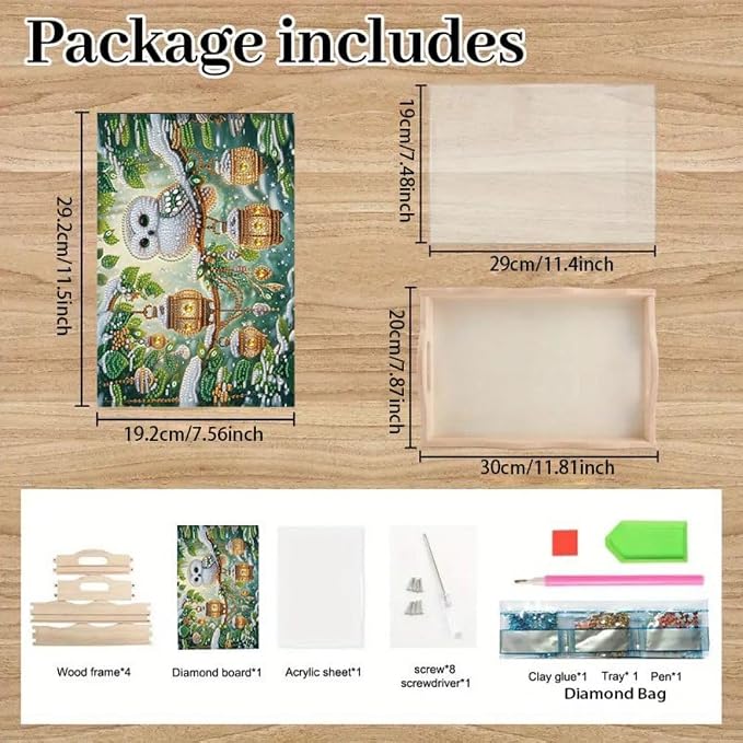 DIY Diamond Serving Tray Rectangular Breakfast Tray with Handle Handmade Diamond Art Painting Wooden Tray for Dinner Plate Coffee Room Living Home Organizer-Owl04