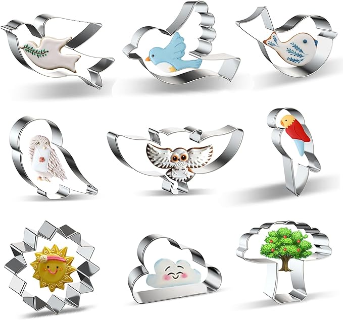 Stainless Steel Bird Cookie Cutters - 9-Piece Set: Dove, Pigeon, Owl, Sparrow, Parrot, Little Bird, Flying Woodland Animals and Sky Sun Cloud Tree Shapes - Biscuit and Fondant Molds