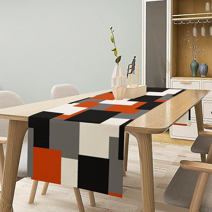 Modern Geometric Table Runner Abstract Orange Black Gray Minimalist Contemporary Geometry Plaid Checkered Dinner Runner for Kitchen Dining Holiday Party Decor 13x36in