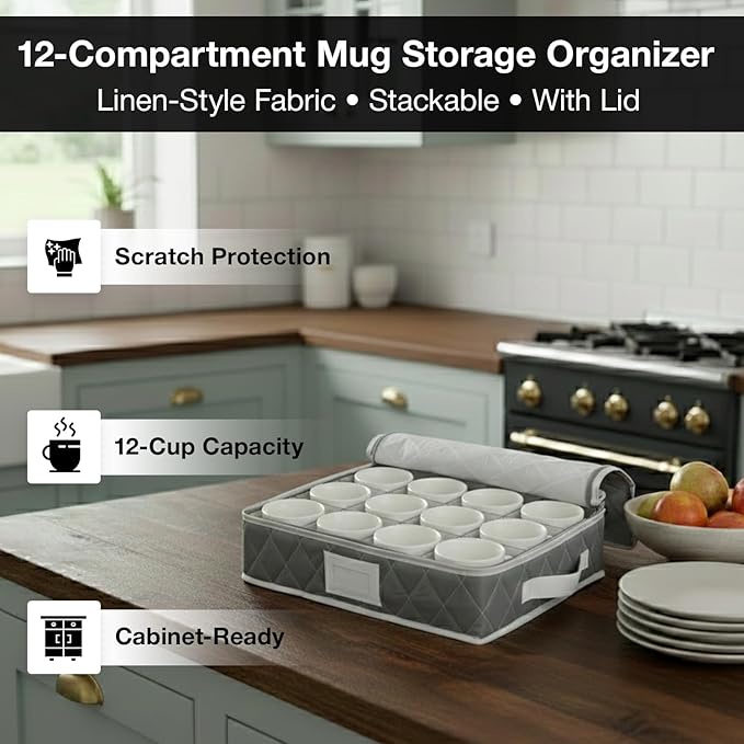Mug Storage Organizer Set of 2 – 12 Compartment Cup Storage Boxes with Lid, Stackable Woven Fabric Holder for Coffee Mugs, Glassware & Teacups (Oxford Cloth, Padded, Gray)