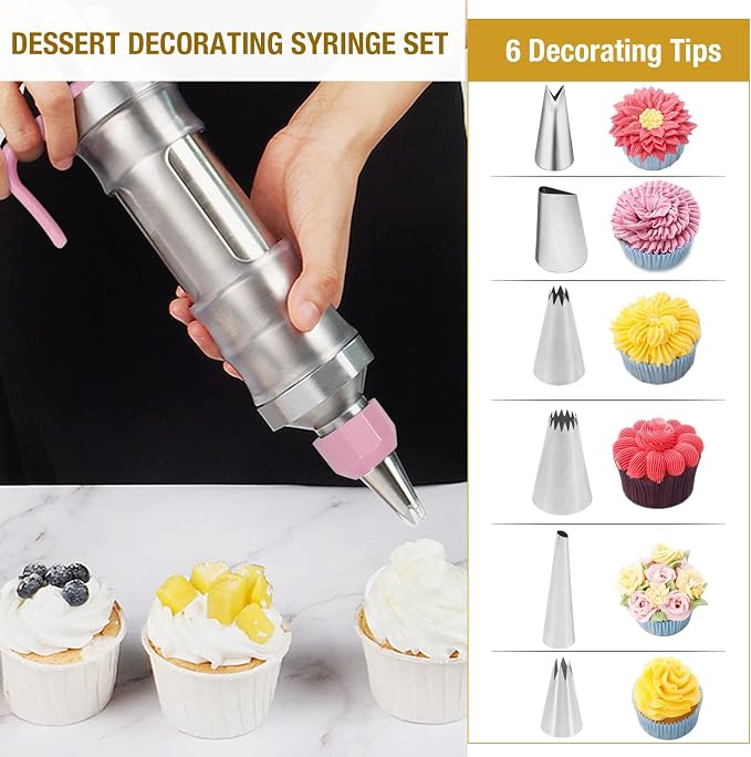 Pink Cake Decorating Kit - 6 Russian Piping Icing Nozzles, 3 Cream Scrapers, Stainless Steel Cupcake Frosting Filling Injector