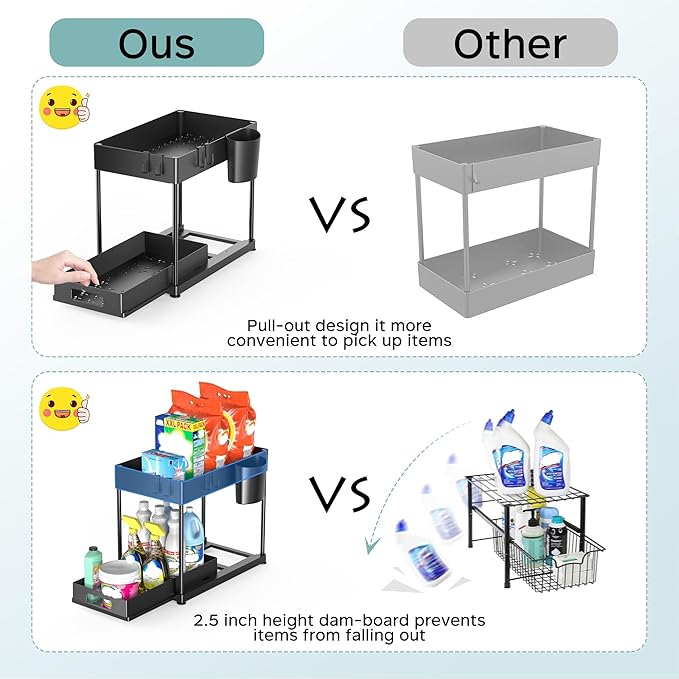 2 Pack Under Sink Organizer with Pull-Out Drawer, 2-Tier Cabinet Storage for Kitchen & Bathroom, Tool-Free Assembly, Fits Cleaning Supplies & Toiletries, Space Saving for Small Cabinets, Black