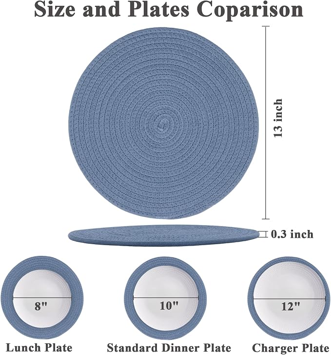 Round Placemats Set of 6, Cotton Rope Woven Table Mats, Hot Pads for Kitchen, Non Slip Heat Resistant Place Mats, 13 Inches Braided Placemat for Farmhouse Decor and Kitchen Table Decor (Blue)