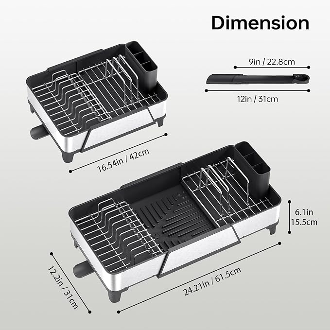 Urackify Large Dish Drying Rack - Triple Expandable Dish Rack for Kitchen Counter, Stainless Steel Sink Organization and Storage Essentials with Utensil & Pans Holder for Home and Appartment, Black