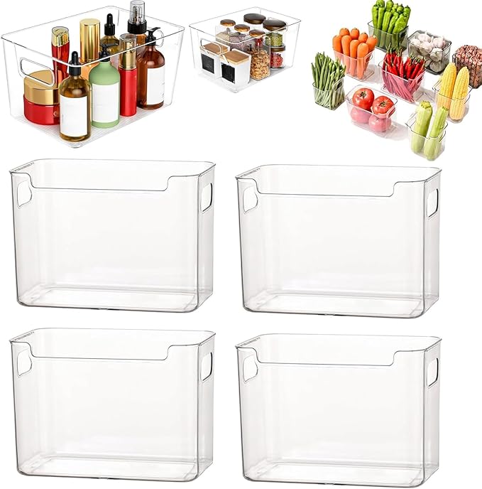 Transparent Freezer Storage Bins, 2/4/6 Pack Clear Plastic Bins, Ice Box for Freezer, Stackable Kitchen Cabinet Organizer for Frozen Food, Meat & Veggies (L,4PCS)