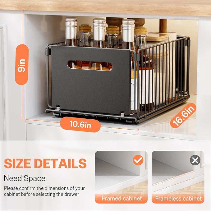 Pull Out Spice Racks for Inside Cabinets, Heavy Duty Under Sink Pull Out Organizer 2 Pack, Slide Out Drawers for Kitchen Cabinets, Bathroom, Pantry Organizers, 14.6”D x 9.6" W x 7" H, Black