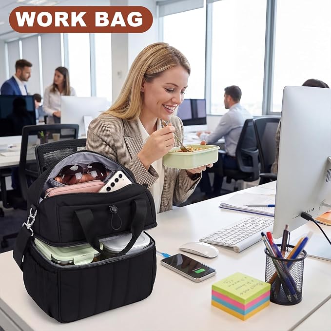 LOIDOU Lunch Bag for Women Men, Double Layer Leakproof Lunch Box, Insulated Quilted Reusable Tote Bags Large Capacity Work Lunchbox for Adult, Office, Nurse, Teacher