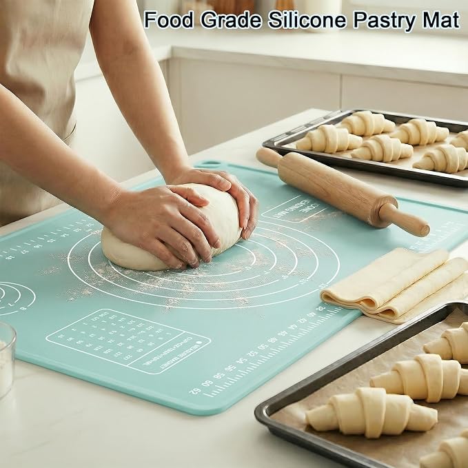 Silicone Pastry Mat 28" x 20" Extra Thick Silicone Baking Mat with Measurements and Edge Heightening Non-stick Food Grade Dough Rolling Mat Kneading Sheet for Pastry, Bread, Cookies (Mint Green)