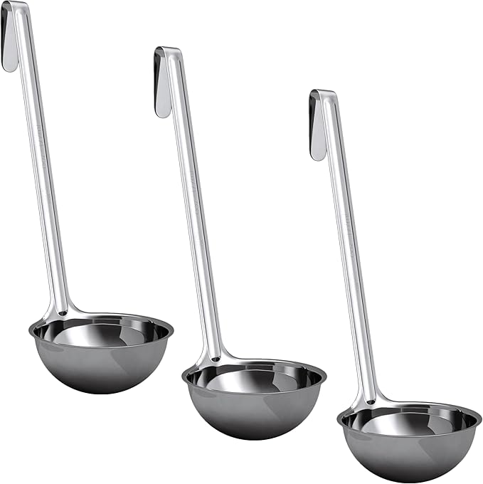 Super Sturdy, Ergonomic 6 Oz. Soup Ladle 3 Pk. Stainless Steel Ladles with Long Handles. Best Kitchen Accessories for Stirring, Portioning and Serving Soups, Chili and Stew in Restaurants and at Home