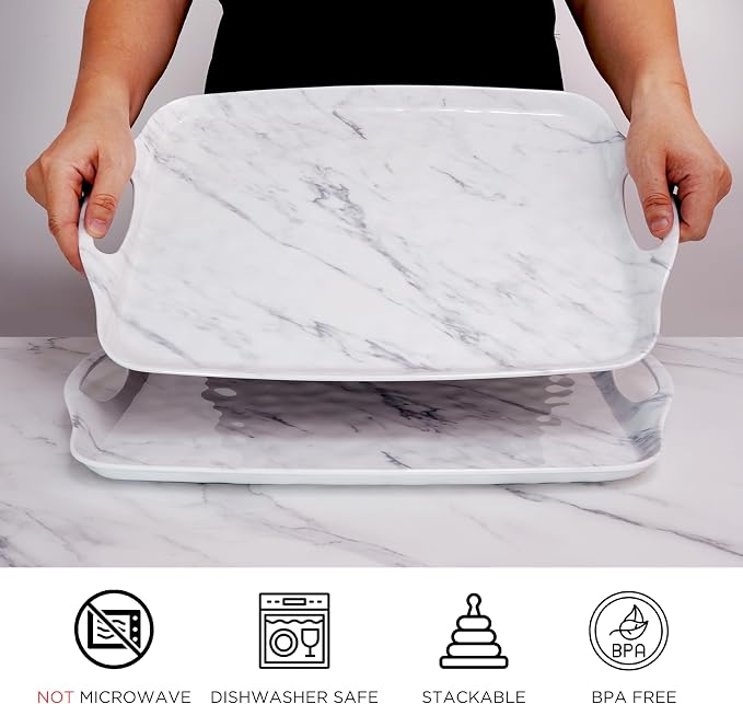 TP Large Serving Trays with Handles, 19" x 12" Melamine Serving Platters for Food, Turkey, Set of 2 Rectangular Trays for Party, White Marble