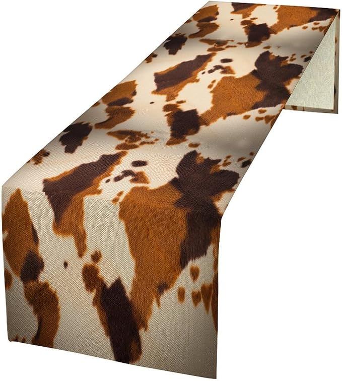 Cow Print Table Runner, Cotton Linen Rustic Cottage Country Farm Animal Fur Skin Pattern Western Style Black Brown Cowhide Print Dinner Runner for Home Kitchen Dining Table Decoration 13x108 Inch