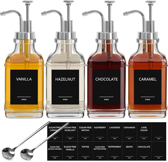 16.9 fl oz/500ml Coffee Syrup Dispenser Set, Coffee Bar Accessories, 4 Glass Bottles with Silver Pumper and Syrup Labels,Syrup Dispenser for Coffee Bar with Spoons,4 Pack