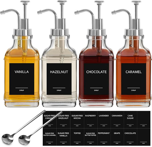 16.9 fl oz/500ml Coffee Syrup Dispenser Set, Coffee Bar Accessories, 4 Glass Bottles with Silver Pumper and Syrup Labels,Syrup Dispenser for Coffee Bar with Spoons,4 Pack