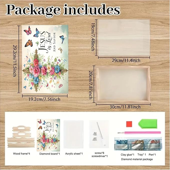 BAYUNOE DIY Diamond Serving Tray Rectangular Breakfast Tray with Handle Handmade Diamond Art Painting Wooden Tray Spring Creative Dinner Plate Coffee Room Living Home Organizer-Flower Cross