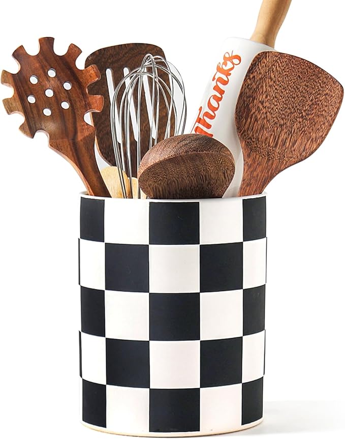 Checkered Kitchen Utensil Holder - 7.2" Ceramic Utensil Crock for Countertop, Kitchen Decor and Accessories for counte (Black)