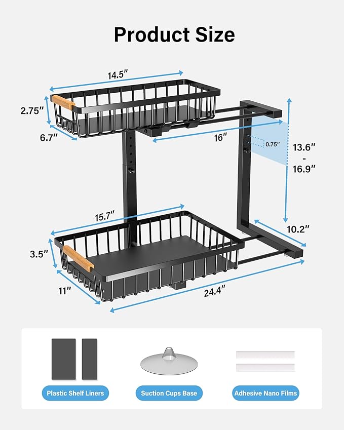 Hahaemall Under Sink Organizer for Bathroom Storage: Pull Out Storage Undersink Organizers Drawer - Sliding 2 Tier Rack Metal Organization Under Counter Kitchen Cabinet for Families, 2 Pack