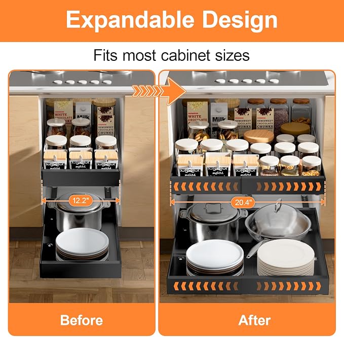 YJHome 2 Pack Pull Out Cabinet Organizer, No Drill Expandable Width 12"-20" & 21" Depth, Adhesive or Screw-In Installation, Magnetic Divider for Custom Storage, for Kitchen Pantry Bathroom Cabinet