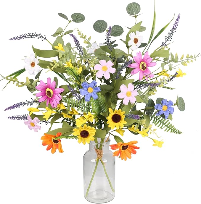 GTIDEA 2 Bundles Artificial Daisy Flowers Fake Silk Spring Flowers Colorful Flowers Fake Wildflowers Bouquet for Home Indoor Table Vase Wedding Party Decor (20in)