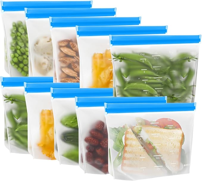 IDEATECH 10 Pack Reusable Quart Freezer Bags, Stand-Up Food Storage Bags | Leakproof, Dishwasher Safe, Stand-Up, BPA-Free Food Grade, Medium Size with Measurement Marks for Lunch, Snacks & Meal Prep