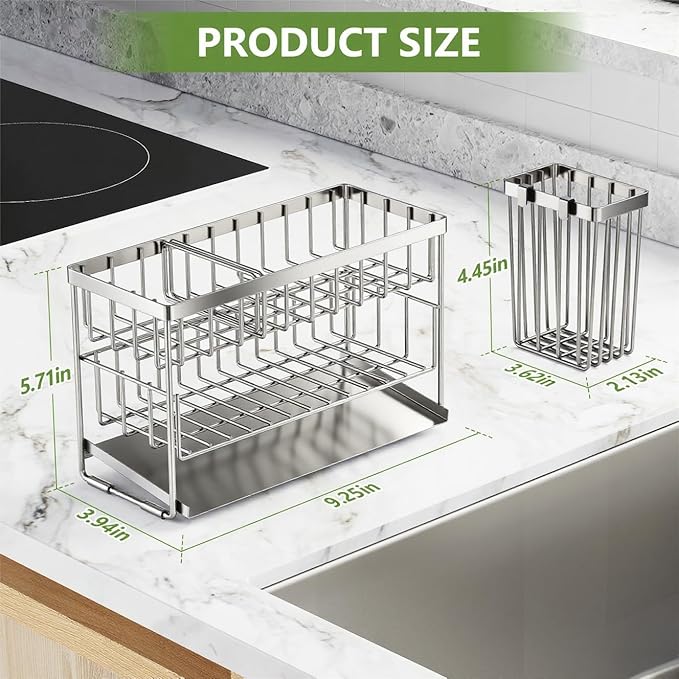 Cisily Silver 2-Tier Kitchen Sink Caddy Organzier Rack with Flexible Dish Brush Holder, Sponge Holder for Kitchen Sink Countertop Organization Storage,Home Decor Stainless Steel