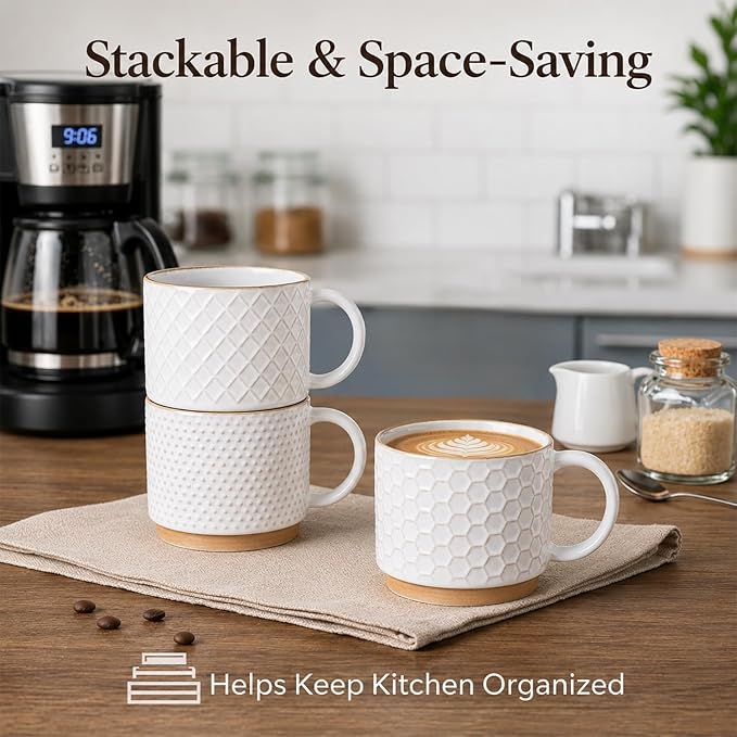 GBhome 15OZ Stackable Coffee Mugs, Ceramic Coffee Mugs with Texture Patterns for Man,Woman,Dad,Mom, Modern Coffee Mugs Set of 4 for Latte/Cappuccino/Cocoa. Dishwasher&Microwave Safe, Off White