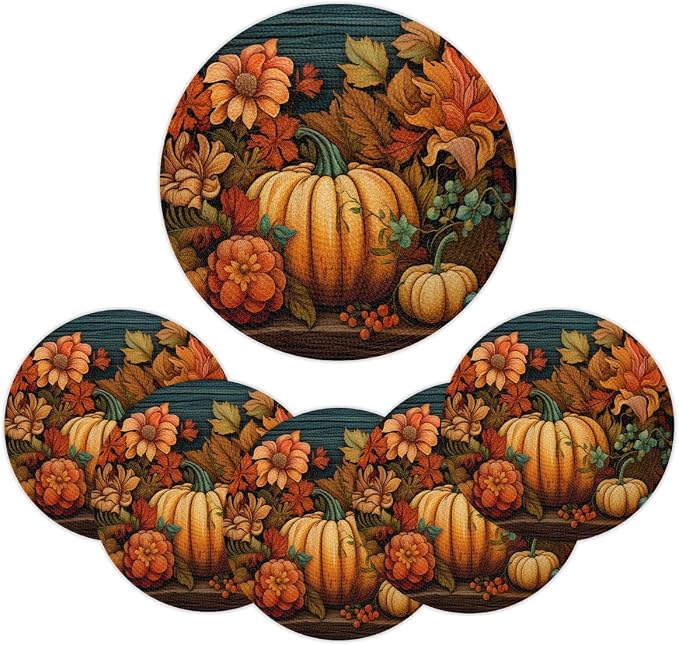 Round Placemats Set of 6, Autumn Pumpkin Sunflowers Leaves Woven Placemats Mats Non-Slip Heat Resistant Washable Table Mats Round Braided Place for Farmhouse Kitchen Dining Party Decor 15in
