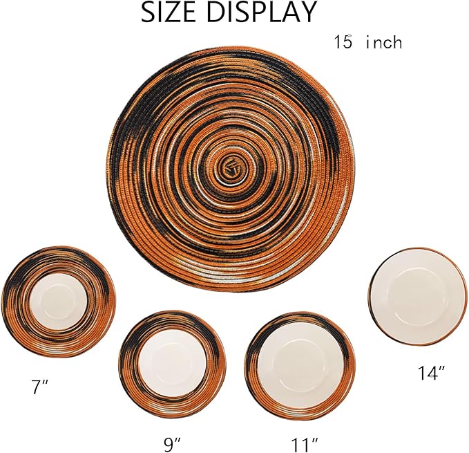 Youyi 15 Inch Round Braided Placemats Set of 6, Washable Heat Resistant Non-Slip Boho Farmhouse Table Mats for Kitchen Decor, Caramel