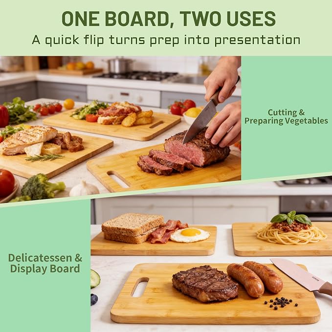 Bamboo Cutting Board Set of 3 for Kitchen | Wooden, Lightweight, Hanging Hole for Easy Storage, Knife Friendly, Food Grade