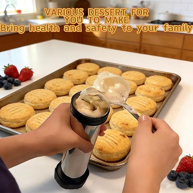 Stainless Steel Cookie Press Gun Kit with 13 Discs & 8 Piping Tips, Easy-to-Use Biscuit & Icing Gun for Baking and Cake Decorating, Perfect for DIY Christmas Cookies and Pastries.