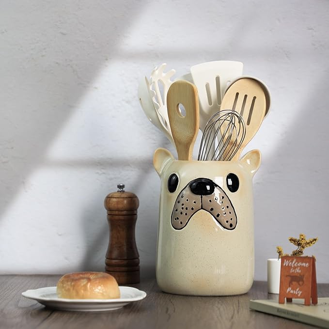 Ceramic Cartoon Animal Pattern Kitchen Utensil Holder, Large Cooking Utensil Crocks for Kitchen Countertop, Cartoon Style Utensil Organizer for Spatula, Kitchen, Home Decoration-Bulldog