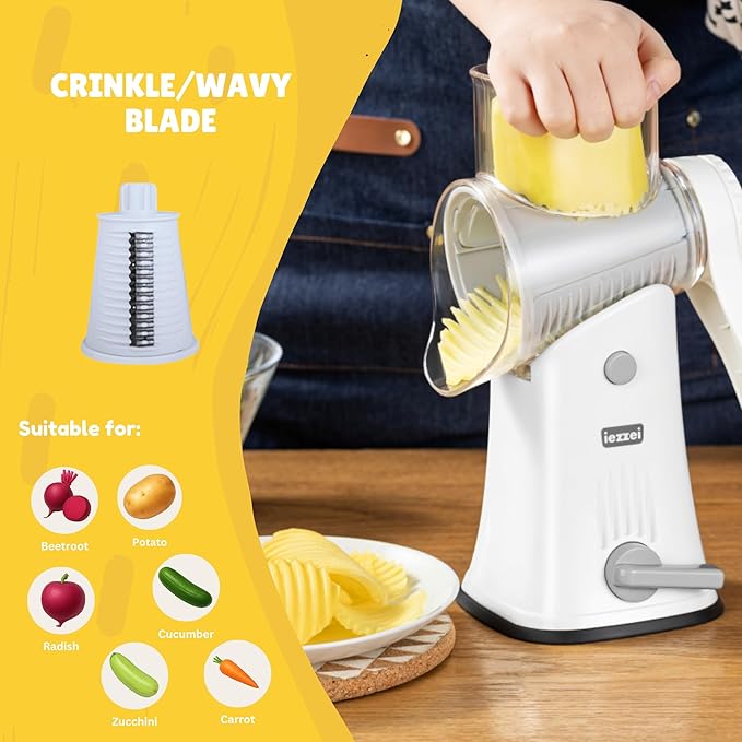 Rotary Cheese Grater - Vegetable Slicer Hand Crank, Fruit Cutter, Carrot Shredder, Nuts Grinder with 5 Stainless Steel Blades - Safe & Strong Suction Base with Handle