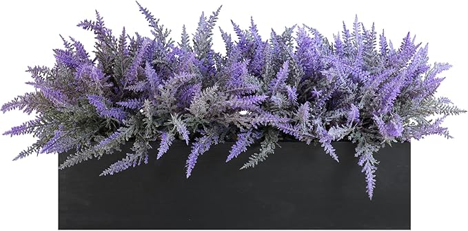Winlyn 14" Artificial Lavender Arrangement Faux Lavender Flowers in Rustic Black Wooden Planter Box Realistic Lavender Potted Plant for Gift Farmhouse Home Wedding Table Centerpiece Mantel Shelf Décor