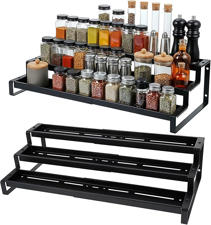 Spice Rack Organizer for Cabinet, Expandable 3 Tiered Spice Rack, Metal Spices Organizer, Display Shelf Organizers for Cabinet, Countertop, Pantry, Cupboard (Black)