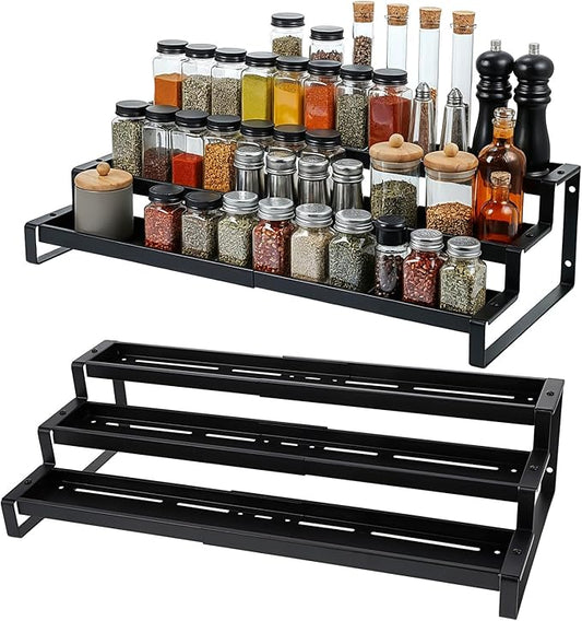 Spice Rack Organizer for Cabinet, Expandable 3 Tiered Spice Rack, Metal Spices Organizer, Display Shelf Organizers for Cabinet, Countertop, Pantry, Cupboard (Black)