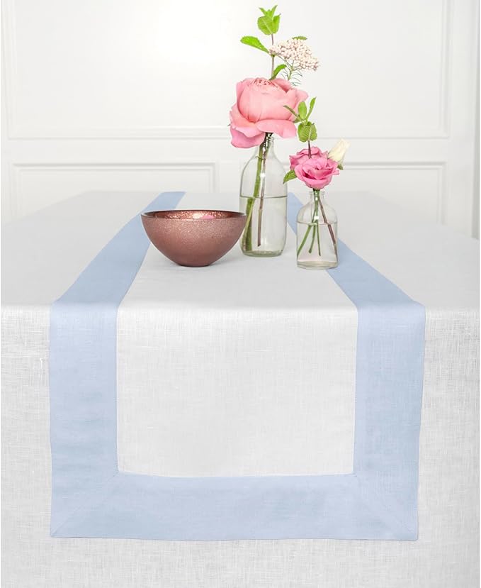 Solino Home 100% Pure Linen Table Runner 14x90 Inch – Light Blue & White, Oeko-TEX Certified, Spring & Summer Table Runner for Dining Table, Handcrafted Farmhouse Décor - Contempo