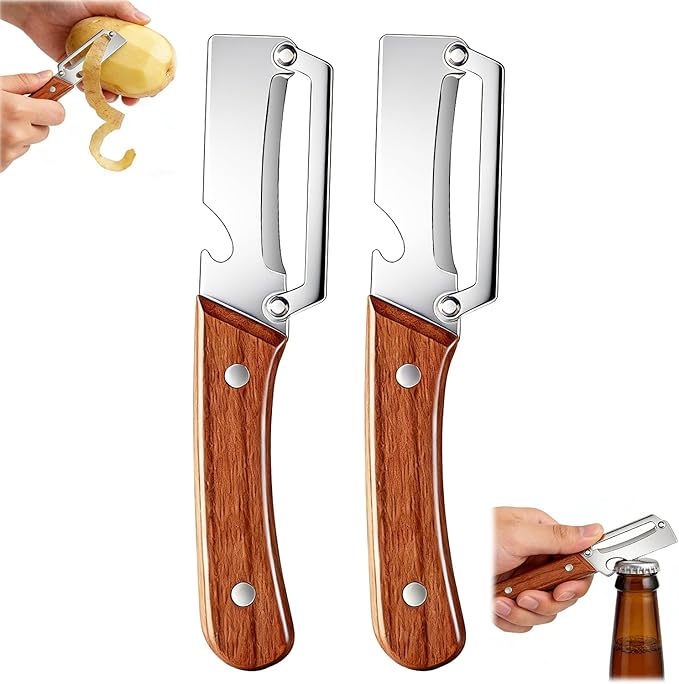2PCS Premium Vegetable Peeler with Wooden Handle and Bottle Opener, Multifunctional Vegetable Peeler, 2-In-1 Stainless Steel Blade Peeler Knife for Potato Fruit Pineapple Pumpkin Papaya Carrot (A)