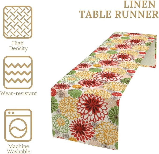 Dahlia Table Runner,Rustic Farmhouse Red Green Floral Modern Art Table Runner for Home Indoor Outdoor Kitchen Holiday Birthday Party Wedding Decor 13x36 Inch