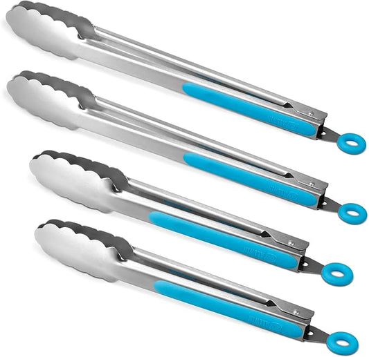 304 Stainless Steel Kitchen Cooking Tongs,9" and 12" Set of 4 Sturdy Grilling Barbeque Brushed Locking Food Tongs with Ergonomic Grip, Blue