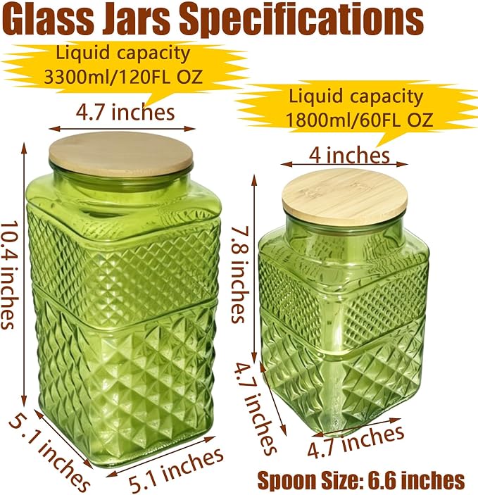 Viovian 60oz Green Glass Jar with Scoop Square Glass Storage Jars with Bamboo Lid,Vintage Glass Coffee Canister for Food Nuts Decorative