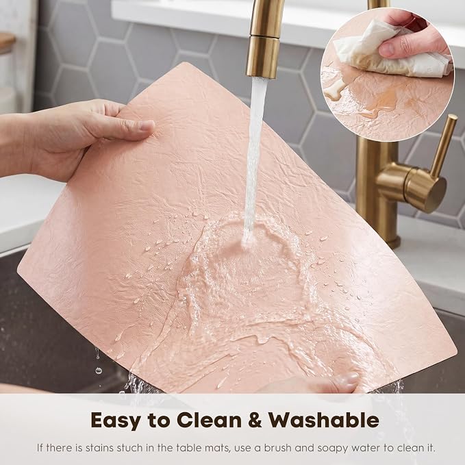Artoid Mode Pink Faux Leather Placemats Set of 4, 12x18 Inch Waterproof Wipeable Heat Resistant Vinyl Place Mats, Reversible Table Mats for Spring Kitchen Dining Decor