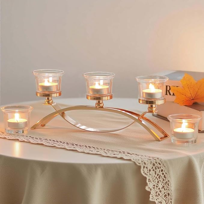 3-Arm Metal Tea Light Candle Holder Set with 5 Glass Cups, Votive Candle Holders Centerpiece Candelabra for Wedding Table Decor, Home Gatherings and Holidays (Gold, 5 Cups)